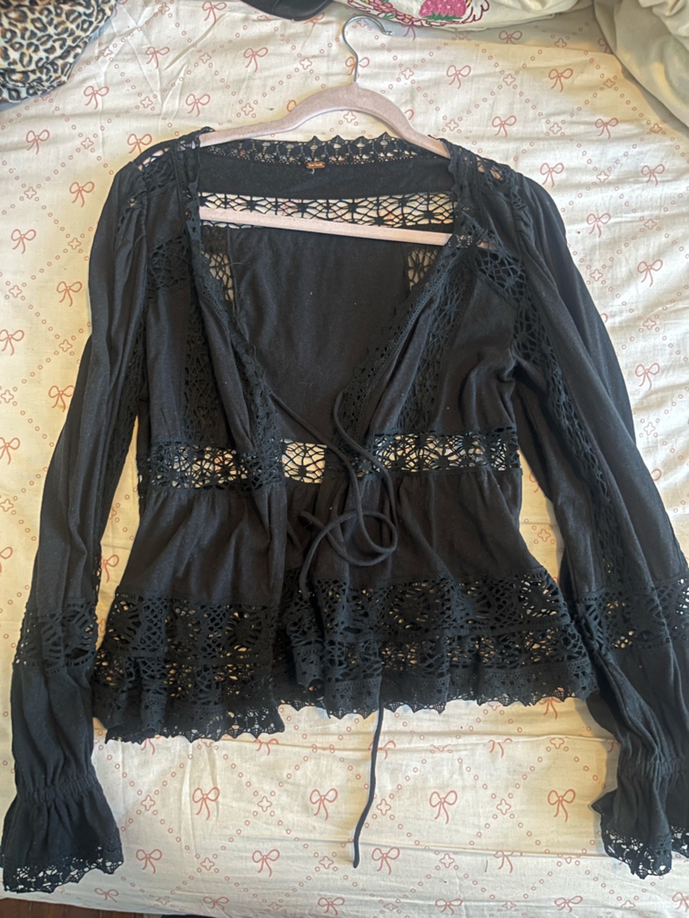 Free People Sweet Dreams Black Crochet Tie-Front Blouse - Picture 11 of 11